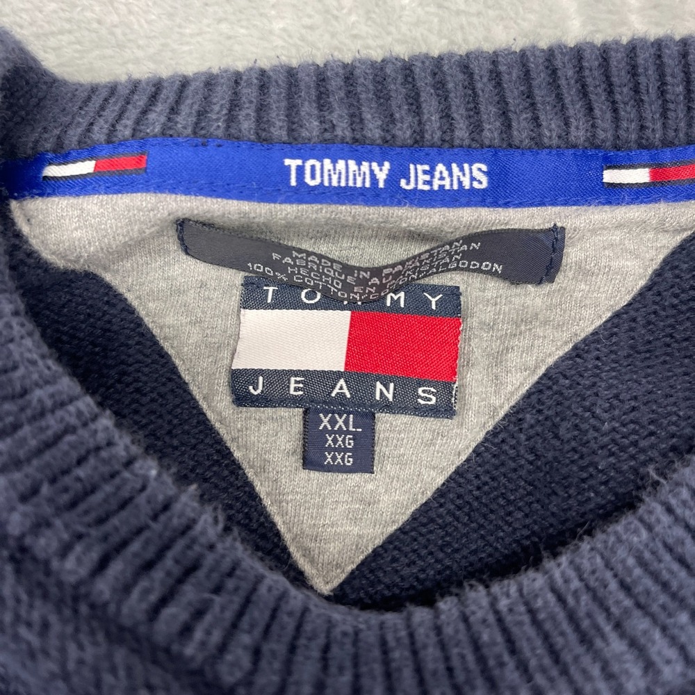 Tommy Jeans Sweater Mens 2XL Navy‎ Cable Knit Stripe Sleeve Crew Neck Pullover - Picture 5 of 6
